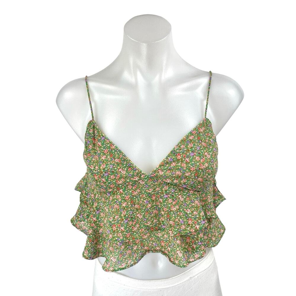 Dress Forum Green Floral Sleeveless Tiered Ruffle Cami Tank Crop Top Size S